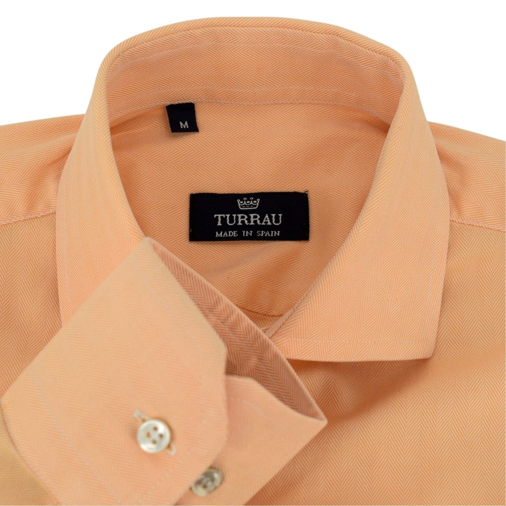 TURRAU Peach Orange Herringbone Long Sleeve Cotton Men's M Cutaway Collar Shirt